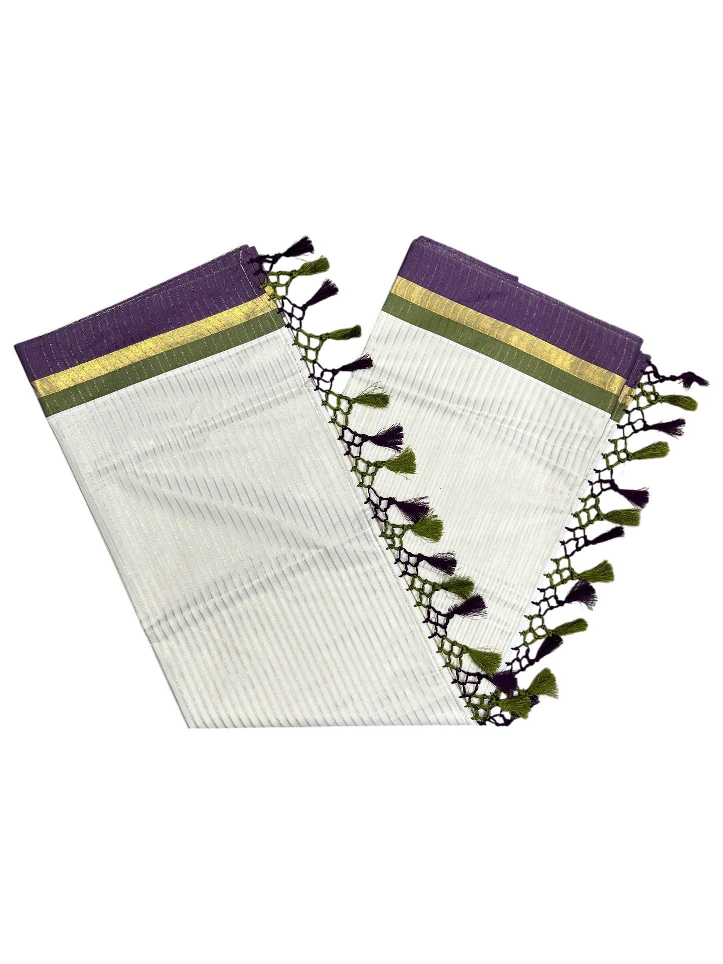 Southloom Cotton Kerala Kasavu Saree with Stripes on Body and Purple &Olive Green Border with Tussels