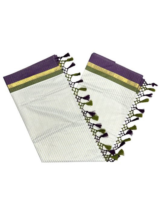 Southloom Cotton Kerala Kasavu Saree with Stripes on Body and Purple &Olive Green Border with Tussels