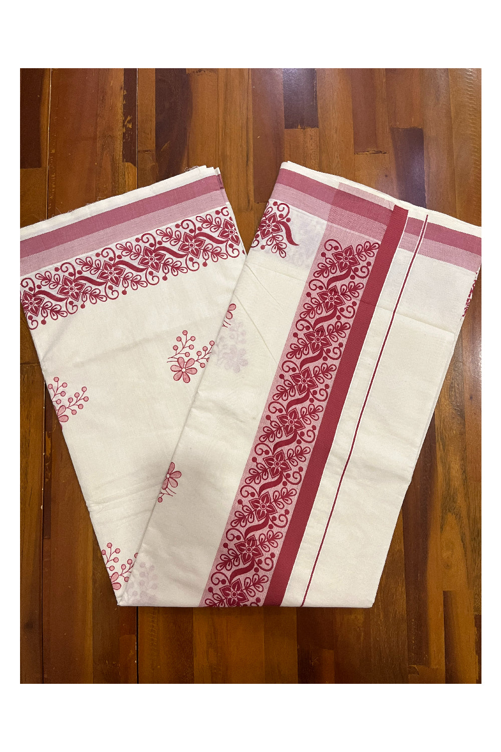 Pure Cotton Off White Kerala Saree with Brick Red Floral Block Printed Border (Onam Saree 2023)