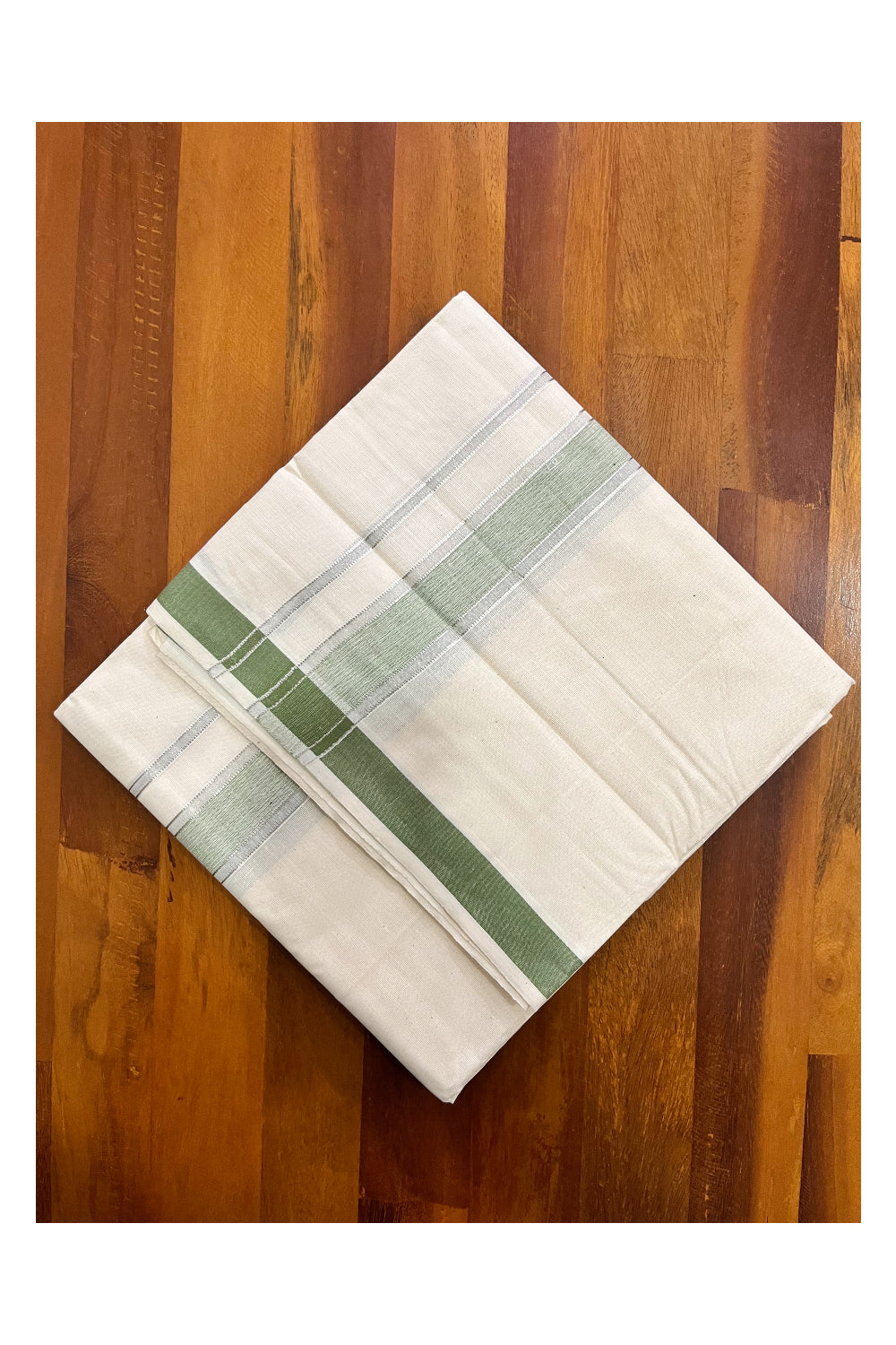 Pure Cotton Kerala Double Mundu with Silver Kasavu and Olive Green Border (South Indian Kerala Dhoti)