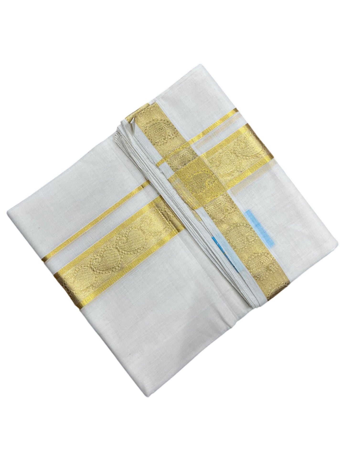 Southloom Premium Handloom Cotton Double Mundu with Gold Kasavu Border