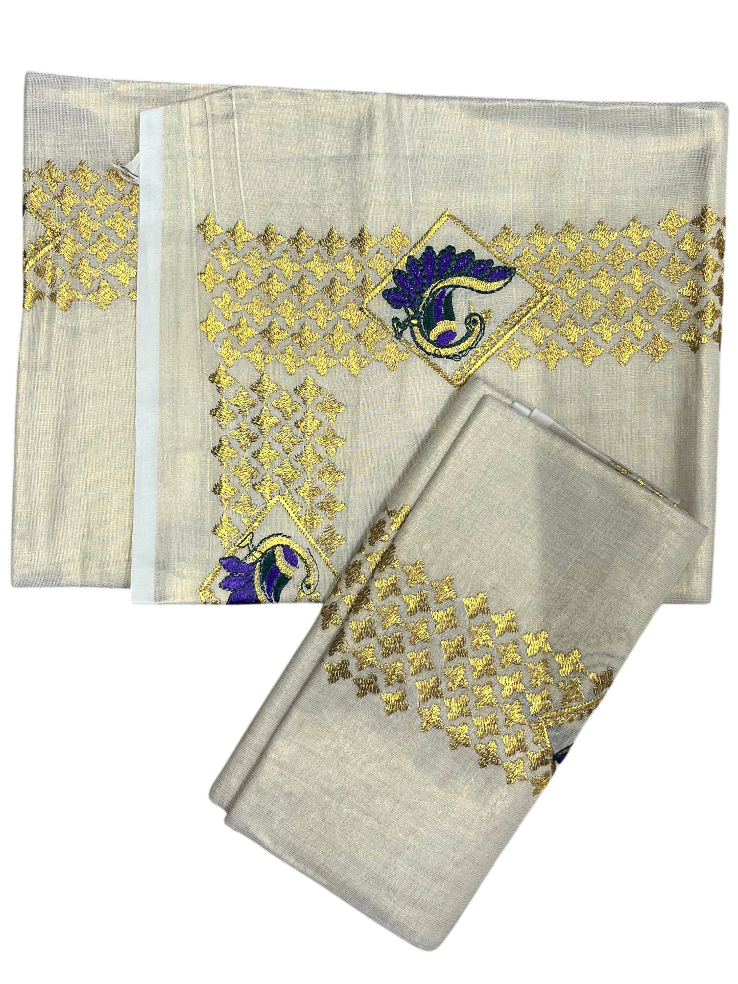 Southloom Kerala Tissue Kasavu Single Set Mundu (Mundum Neriyathum) Voilet and Green Embroidery Work