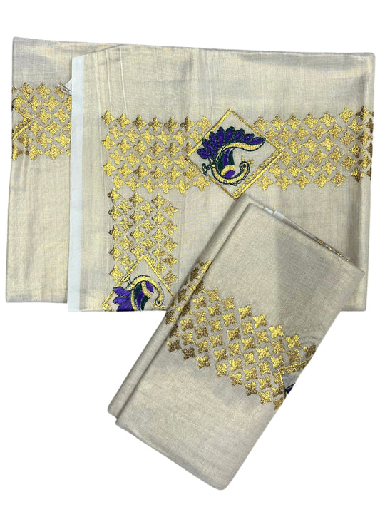 Southloom Kerala Tissue Kasavu Single Set Mundu (Mundum Neriyathum) Voilet and Green Embroidery Work