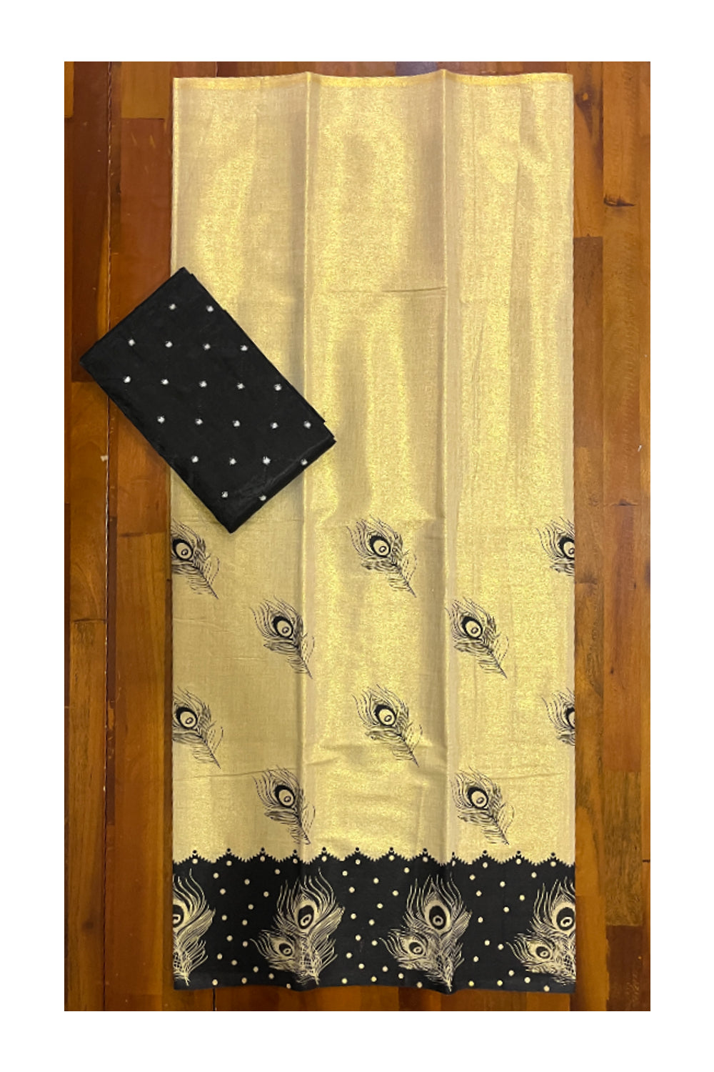 Kerala Tissue Block Printed Pavada and Black Designer Blouse Material for Kids/Girls 4.3 Meters