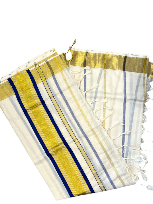 Southloom Kerala Cotton Kasavu Saree with Gold And Blue Lines on Body
