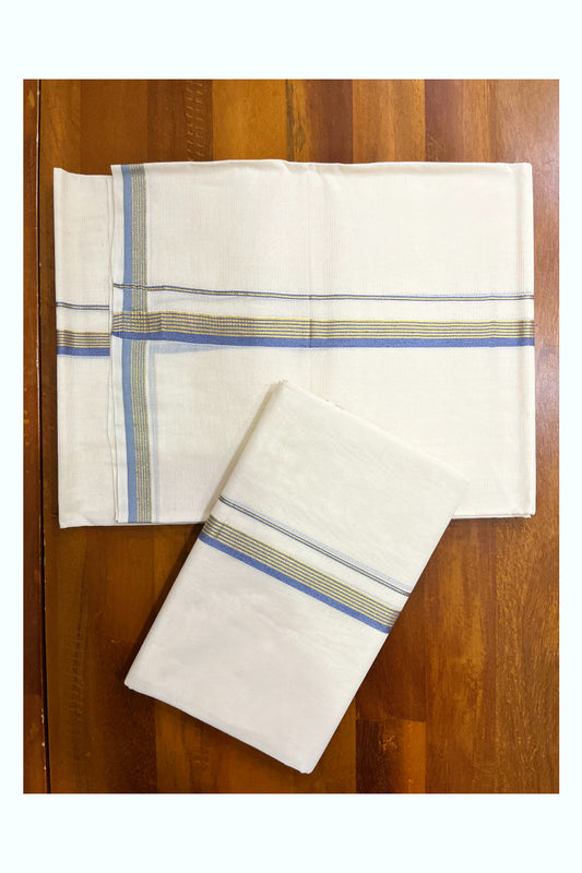 Kerala Pure Cotton Single Set Mundu (Mundum Neriyathum) with Pastel Blue and Kasavu Border - 2.80Mtrs