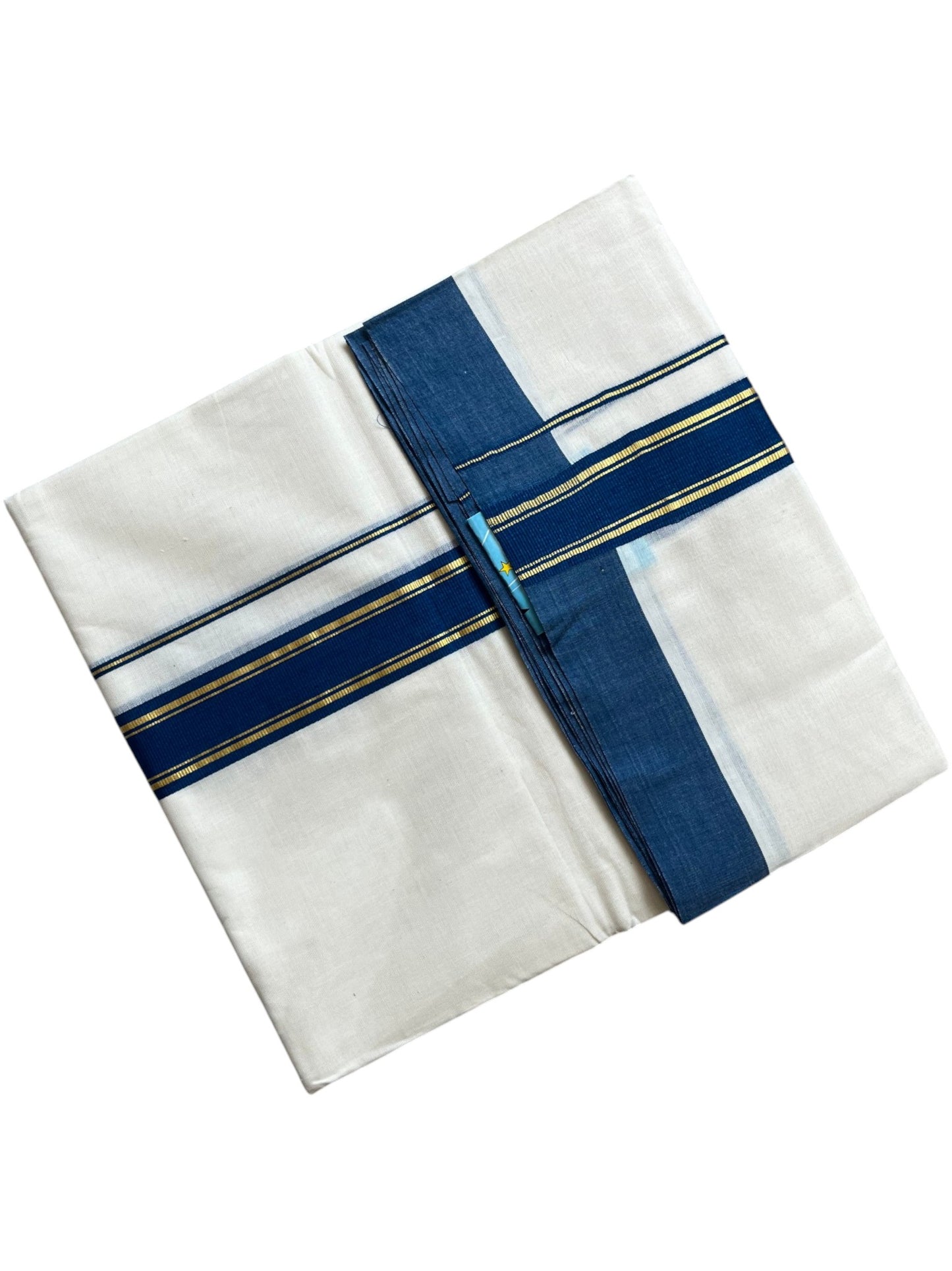 Southloom Pure Cotton Mundu with Golden Lines and Blue Border (South Indian Kerala Dhoti)