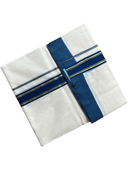 Southloom Pure Cotton Mundu with Golden Lines and Blue Border (South Indian Kerala Dhoti)