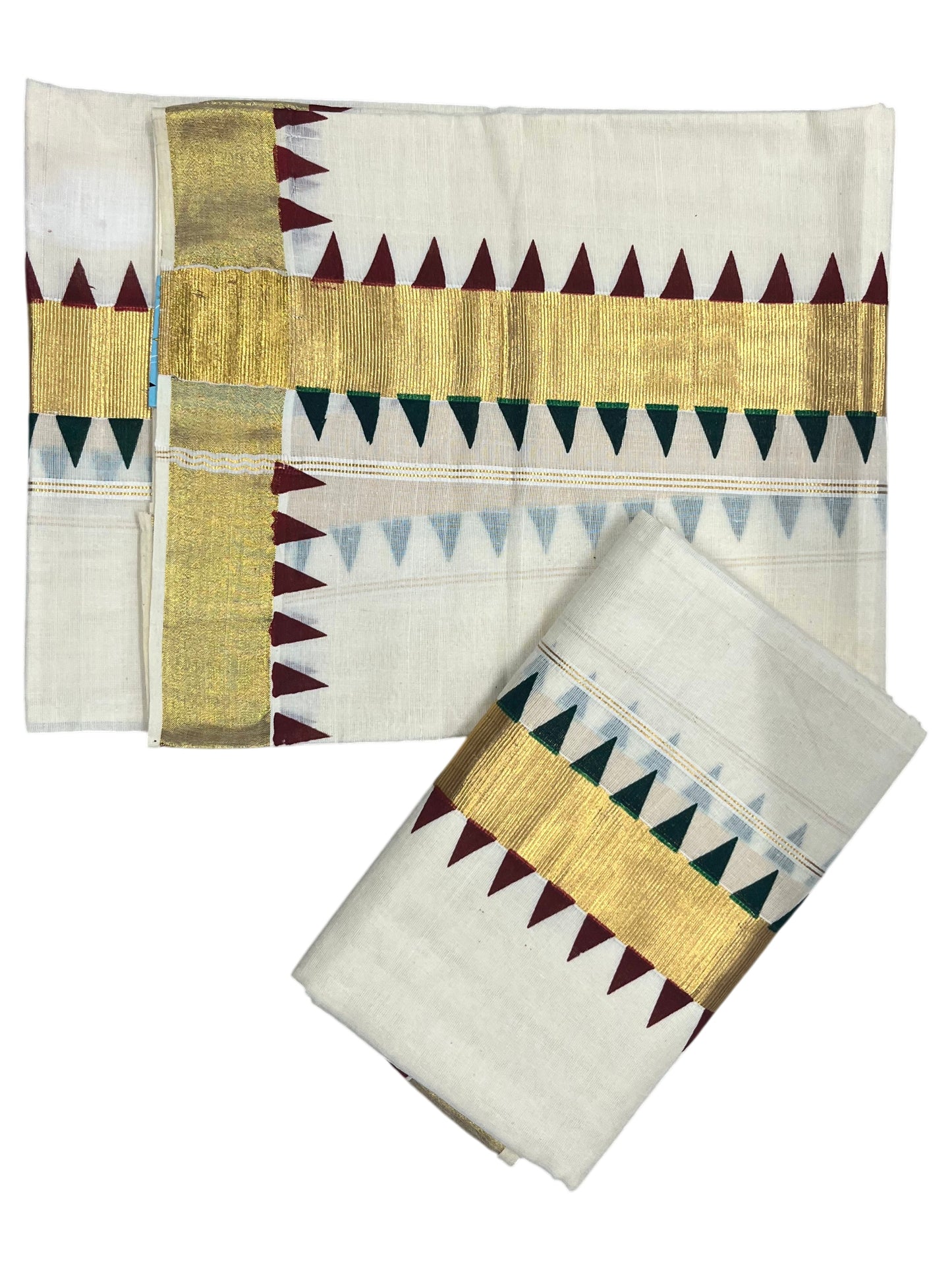 Southloom Kerala Cotton Kasavu Single Set Mundu (Mundum Neriyathum) with Green  And Maroon Temple Design Border SLKK