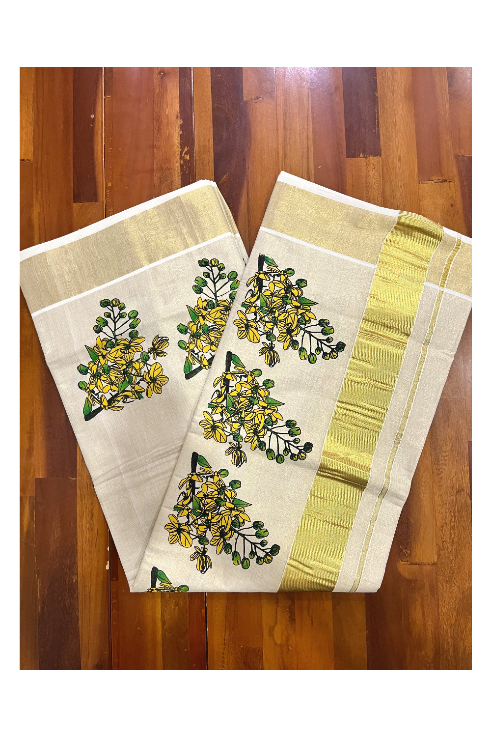 Kerala Tissue Kasavu Saree with Mural Floral Design Printed Design