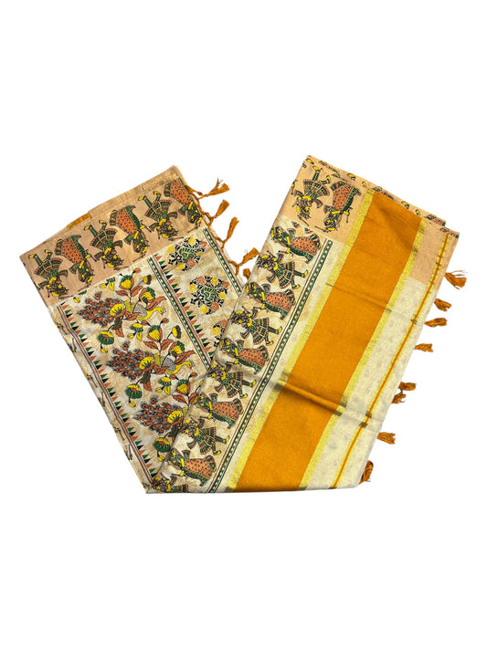 Southloom Kerala Tissue Kasavu Saree Orange Hand Printed