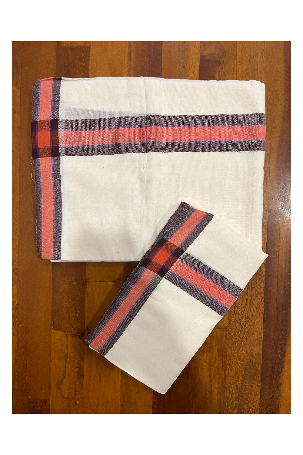 Kerala Mulloth Cotton Single Mundum Neriyathum with Red Brown Border (Extra Soft Cotton)