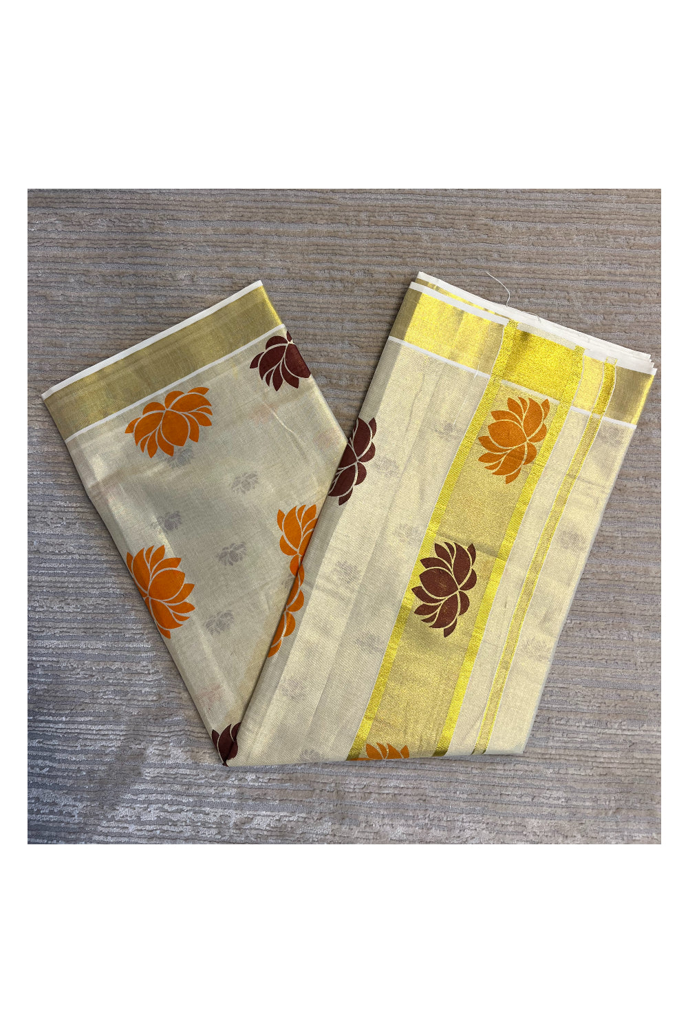Southloom Kerala Tissue Saree with Orange And Brown Lotus Block Prints On Kasavu Border