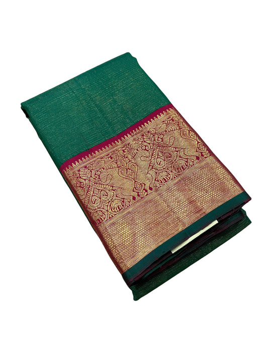 Southloom Premium Bridal Handloom Kanchipuram Silk Saree With Korvai Works (Green)
