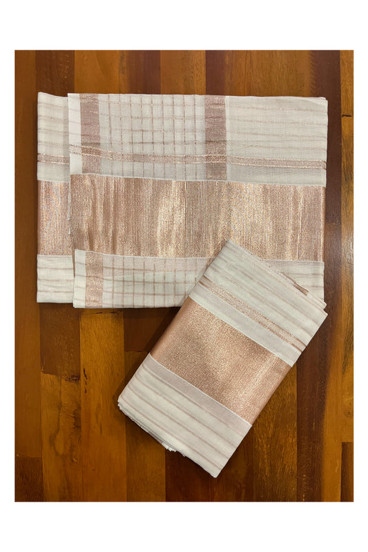 Pure Cotton Kerala Set Mundu with Rose Copper Kasavu Lines Designs Across Body