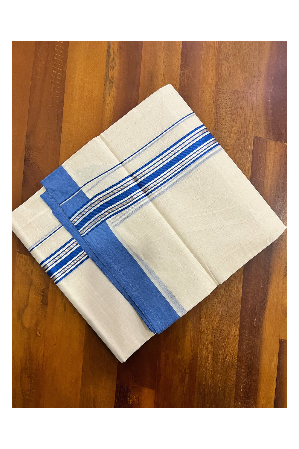 Kerala Pure Cotton Double Mundu with Silver Kasavu and Blue Border