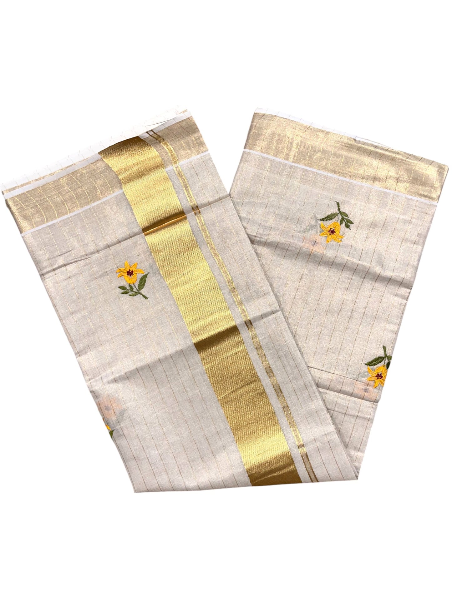 Southloom Tissue Kerala Kasavu Stripes Saree with Yellow Floral Embroidery Design