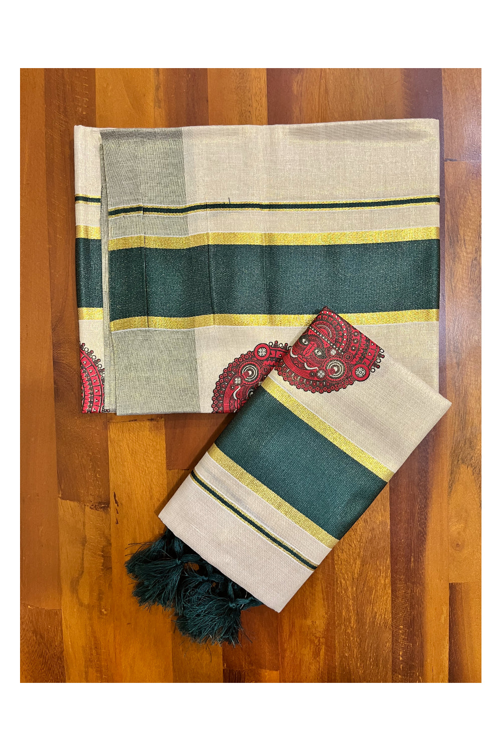 Kerala Tissue Single Set Mundu (Mundum Neriyathum) with Theyyam Block Prints and Dark Green Border (Vishu 2024 Collection)