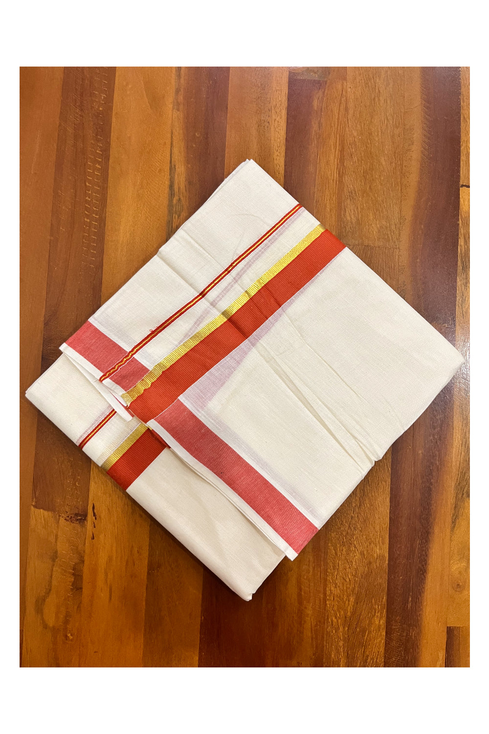 Pure Cotton Mundu with Orange and Kasavu Border (South Indian Kerala Dhoti)