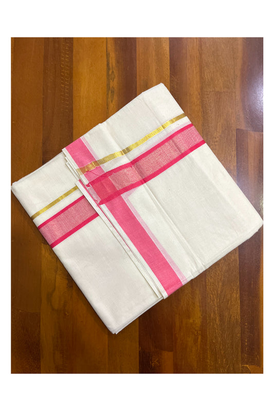 Kerala Pure Cotton Double Mundu with Pink and Kasavu Border (South Indian Kerala Dhoti)