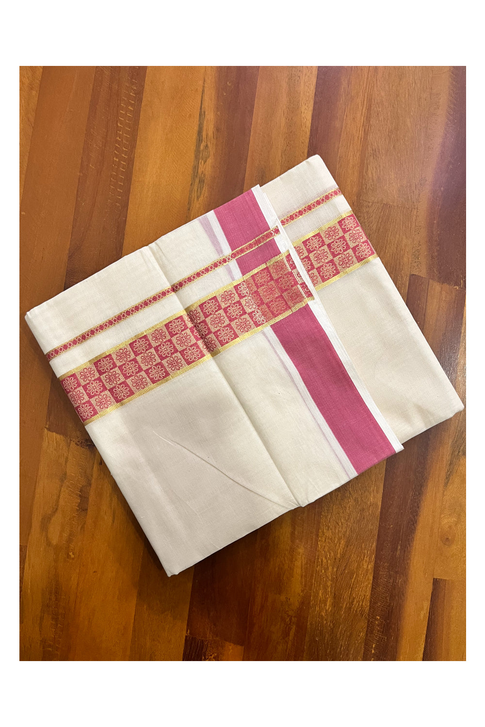 Kerala Pure Cotton Double Mundu with Kasavu and Pink Woven Border (Vishu 2024 Collection)