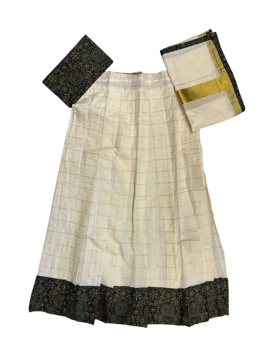 Southloom Semi Stitched Cottan Dhavani Set with Pavada and Ajrakh Blouse Piece