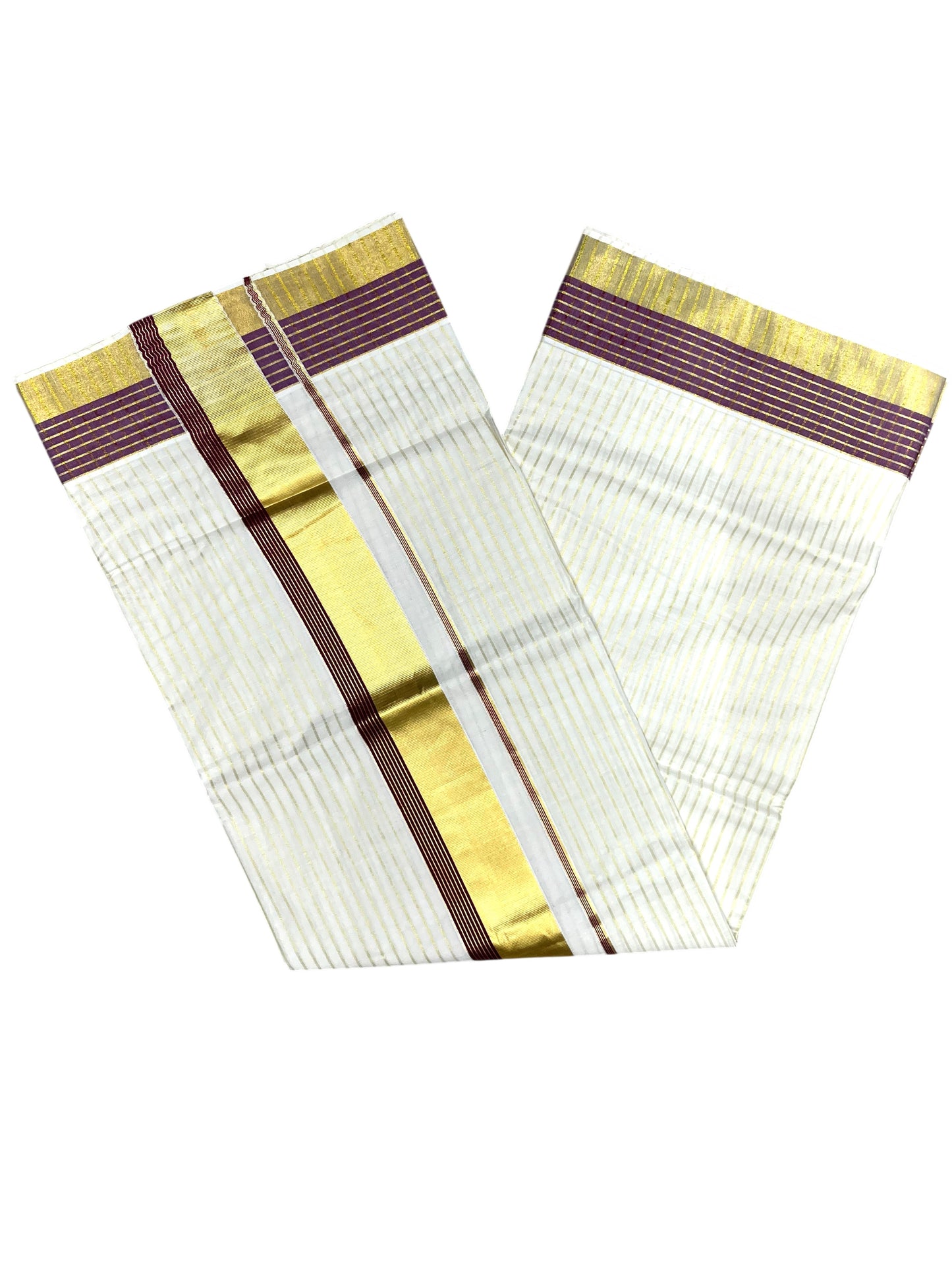 Southloom Pure Cotton Kerala Kasavu Lines Design Saree with Purple Border