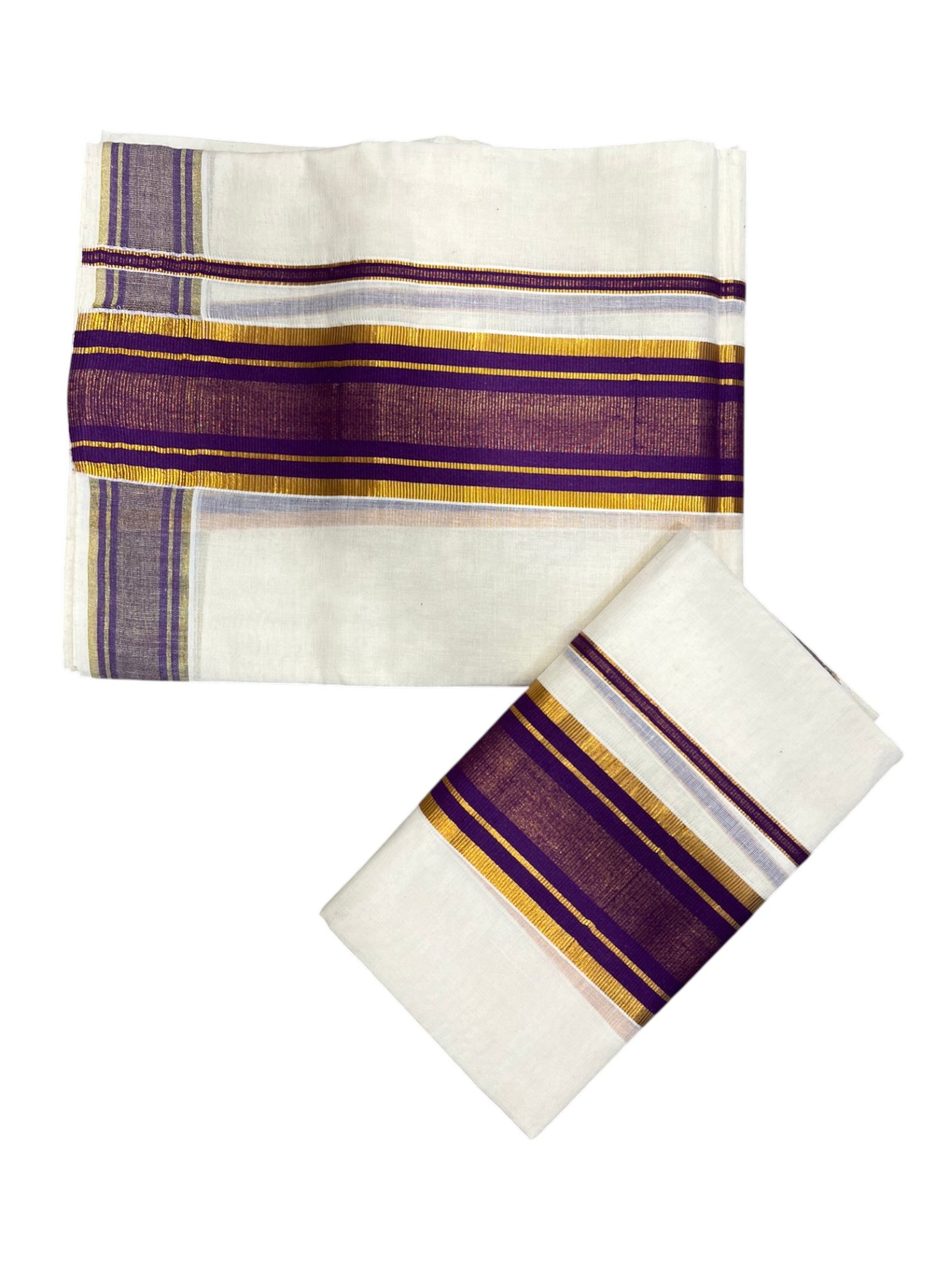 Southloom Kerala Cotton  Set Mundu (Mundum Neriyathum) with Kasavu and Violet Border 2.80Mtrs