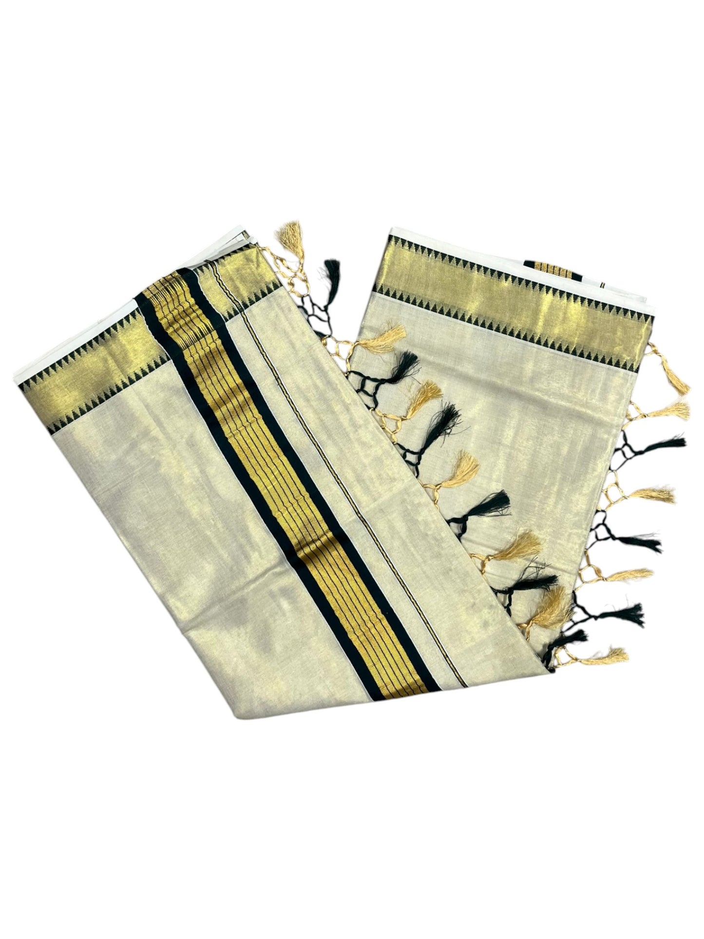 Southloom Kerala Tissue Kasavu Saree With Green Temple Woven Works on Border SL365