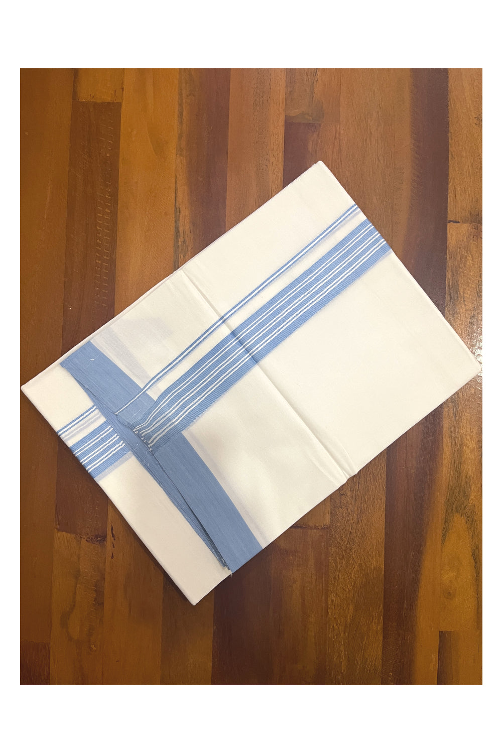 Pure White Cotton Double Mundu with Blue Lines Border (South Indian Kerala Dhoti)