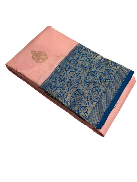Southloom Premium Handloom Bridal Kanchipuram Silk Saree with Korvai Work (Peach & Blue)