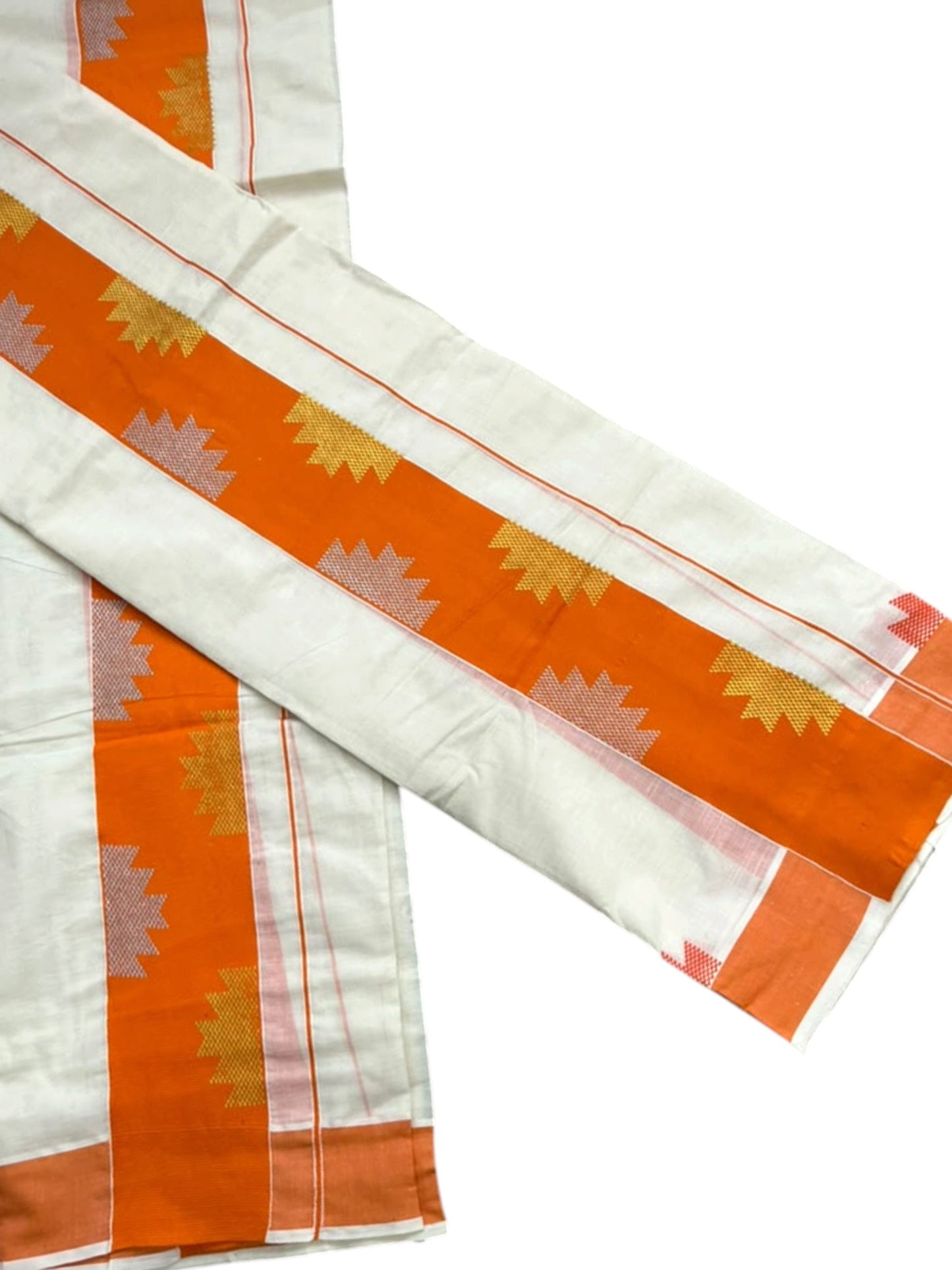 Southloom Pure Cotton Single Set Mundu (Mundum Neriyathum) Temple Design & Orange Border