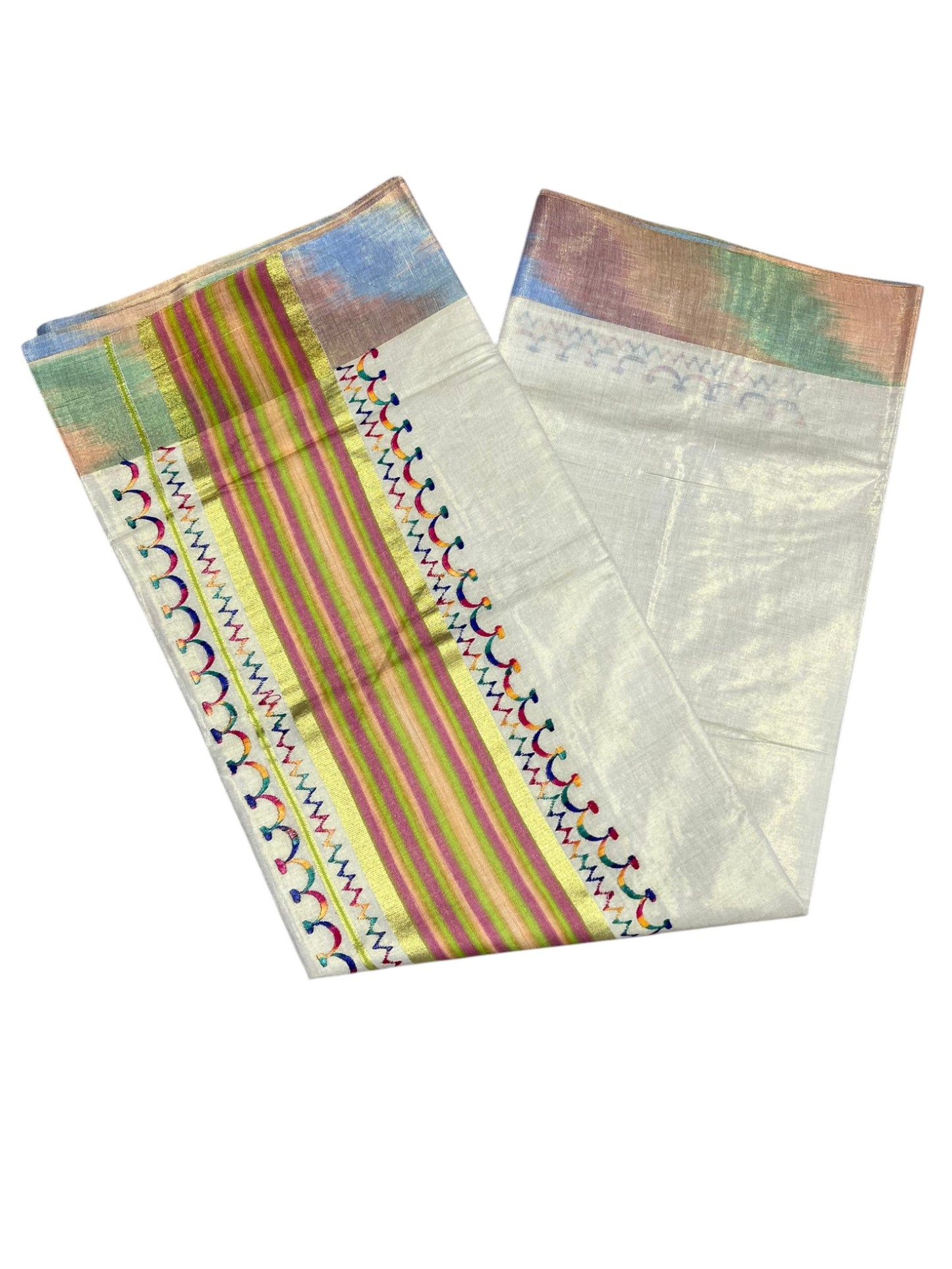 Southloom Kerala Tissue Kasavu Saree with Multi Colour Pochampally Design on Borders and Kara