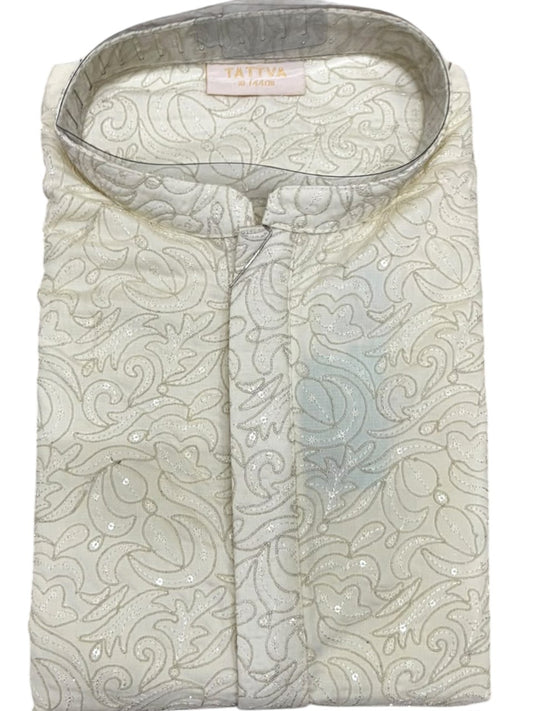 Southloom Of-White Woven Semi Silk Short Kurta for Men SL590
