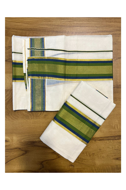 Kerala Cotton Set Mundu (Mundum Neriyathum) with Kasavu and Olive Green Border 2.80 Mtrs