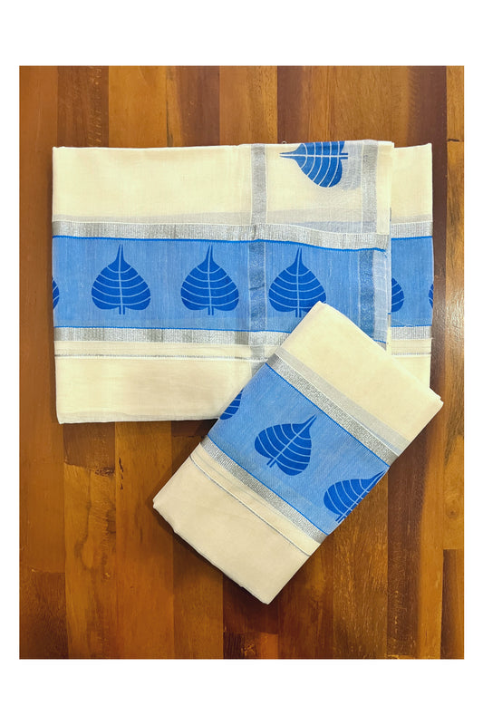 Kerala Cotton Set Mundu Single (Mundum Neriyathum) with Leaf Block Prints on Silver Kasavu and Blue Border