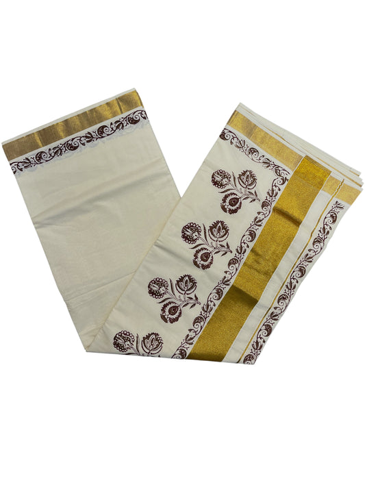 Southloom Cotton Kerala Kasavu Saree with Brown and Maroon Block Prints On Border