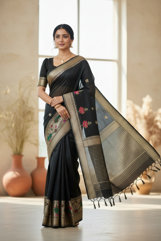 Southloom Banarasi Silk Saree with Woven Work on Body and Borders (Black))