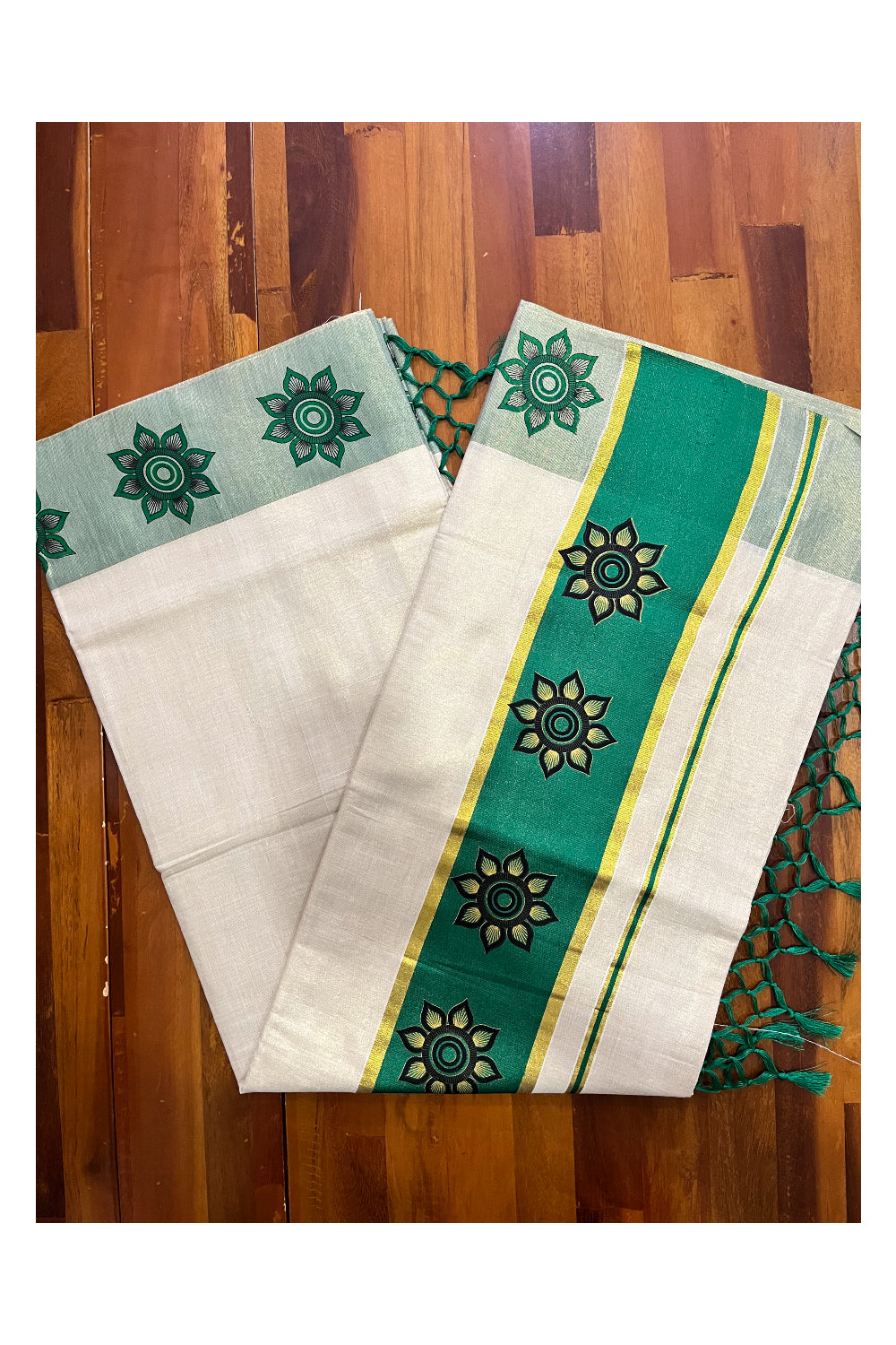 Kerala Tissue Kasavu Saree with Floral Block Prints in Green Border (Onam 2024 Collection)