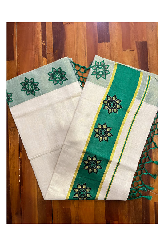 Kerala Tissue Kasavu Saree with Floral Block Prints in Green Border