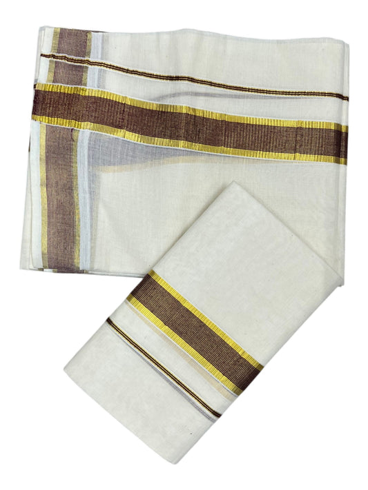 Southloom Pure Cotton Kerala Kasavu Set Mundu (Mundum Neriyathum) Kasavu & Purple Border in 2.80 Mtrs