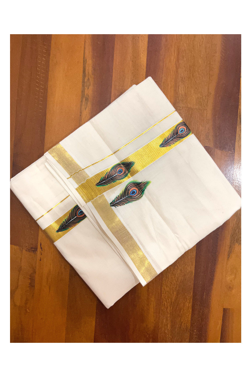 Pure Cotton Kasavu Mundu with Feather Mural Painted Design (Onam Mundu 2023)