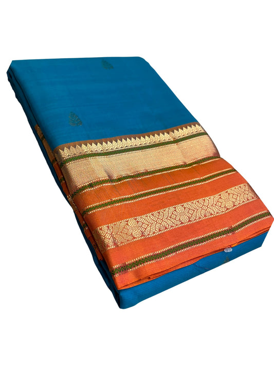 Southloom Pure Handloom Bridal Kanchipuram Silk Saree with Korvai Work (Blue & Orange)