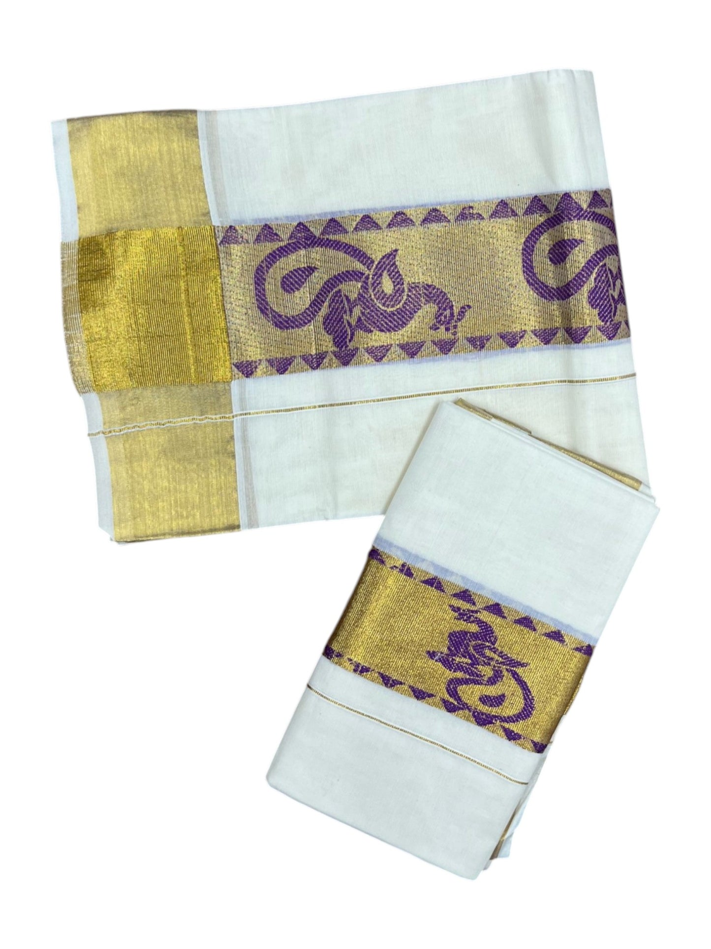 Kerala Pure Cotton  Set Mundu (Mundum Neriyathum) with Violet Block Prints on Kasavu Border-2.80Mtrs
