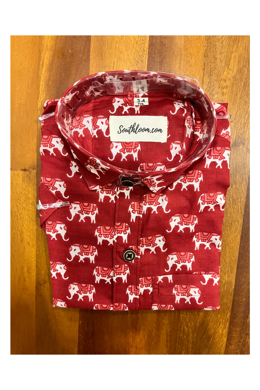 Southloom Jaipur Cotton Red Elephant Hand Block Printed Shirt For Kids (Half Sleeves)
