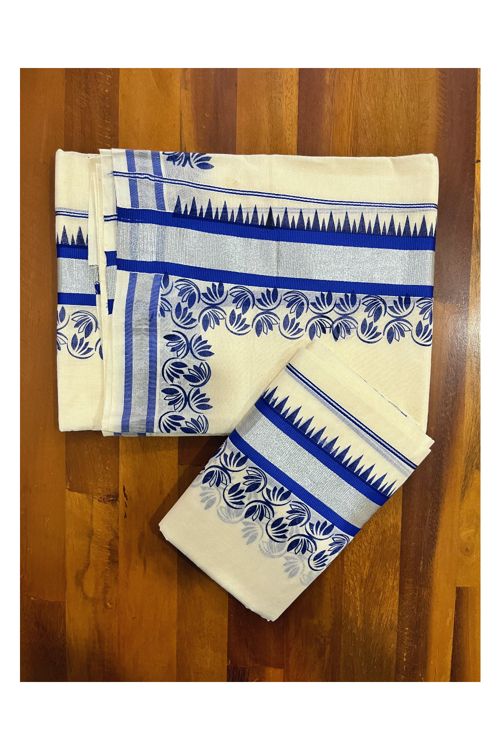 Kerala Pure Cotton Set Mundu Single (Mundum Neriyathum) with Blue Floral Temple Block Prints on Silver Kasavu Border