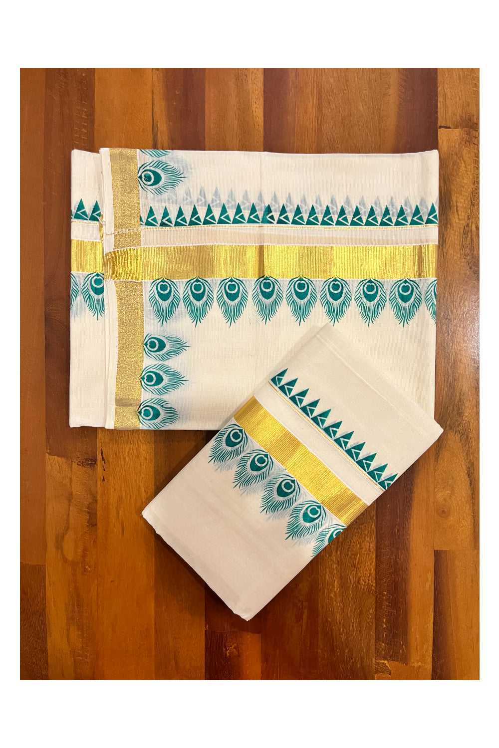 Kerala Pure Cotton Kasavu Set Mundu Single (Mundum Neriyathum) with Green Block Prints and Temple Border 2.80 Mtrs