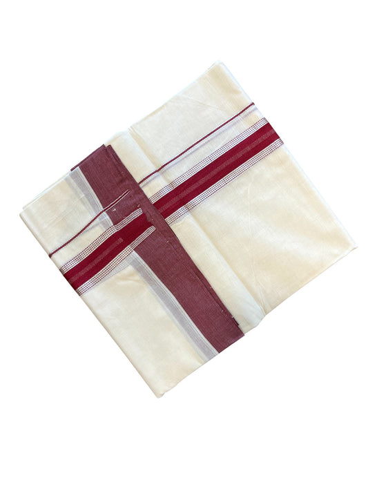Southloom Kerala Pure Cotton Double Mundu with Silver Lines & Maroon Border (South Indian Dhoti)