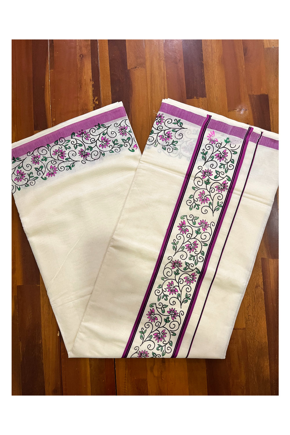 Pure Cotton Kerala Saree with Floral Block Prints and Magenta Border