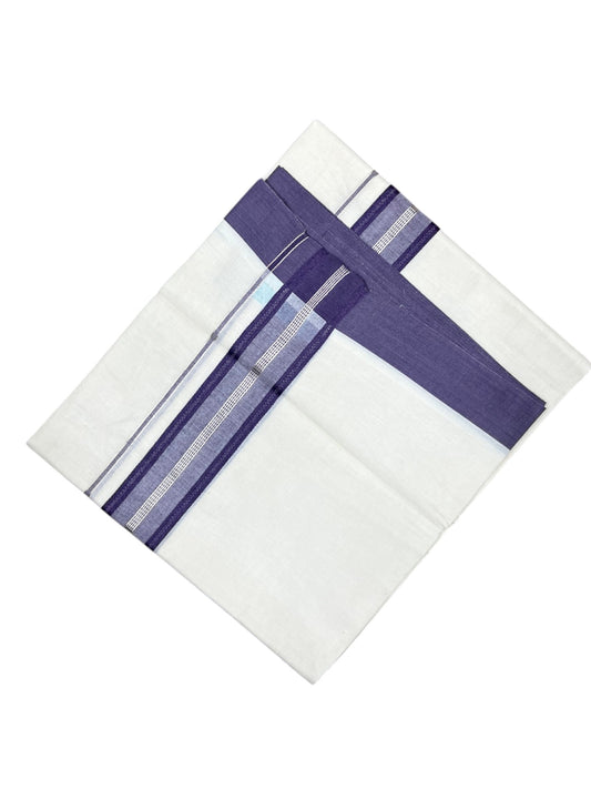 Southloom Kerala Pure Cotton Double Mundu with Silver Lines and Violet Border with (South Indian Dhoti)